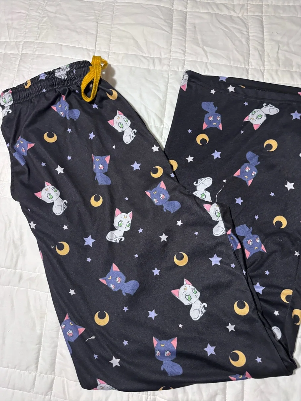 Kids Black Cat Print Pajama Pants with Yellow Drawstring
